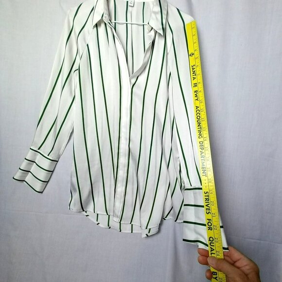 Nine West Green White Striped Women Top Raglan Cuff Sleeve Side Button Collared - Picture 3 of 9